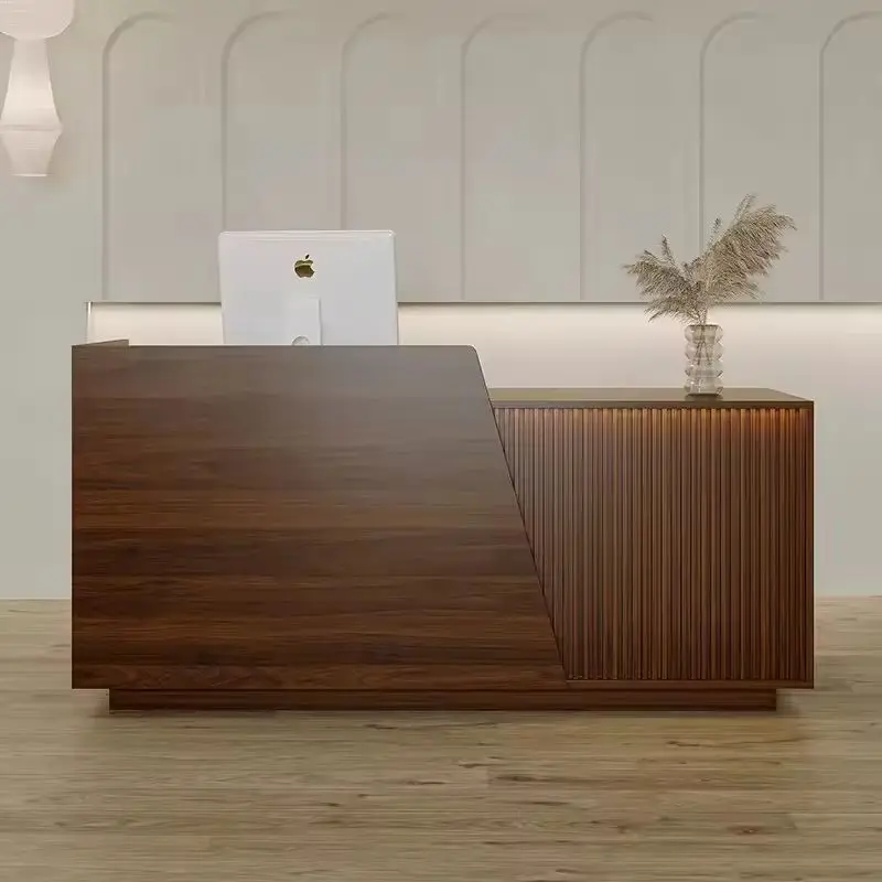 Custom Modern Fluted Wood Reception Desk with LED Light Multi-Color Counter for Office Salon Hotel — view 1