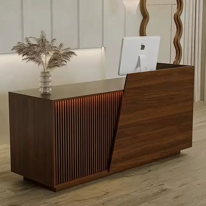 Custom Modern Fluted Wood Reception Desk with LED Light Multi-Color Counter for Office Salon Hotel — image 3