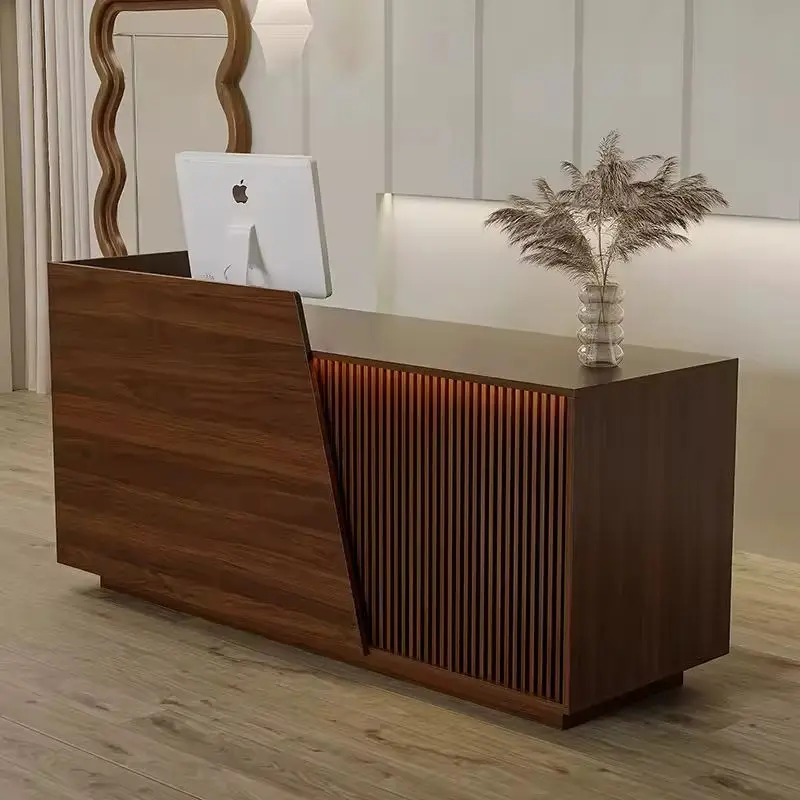 Custom Modern Fluted Wood Reception Desk with LED Light Multi-Color Counter for Office Salon Hotel — image 4