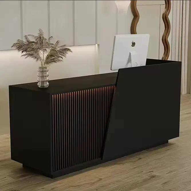 Custom Modern Fluted Wood Reception Desk with LED Light Multi-Color Counter for Office Salon Hotel — image 5