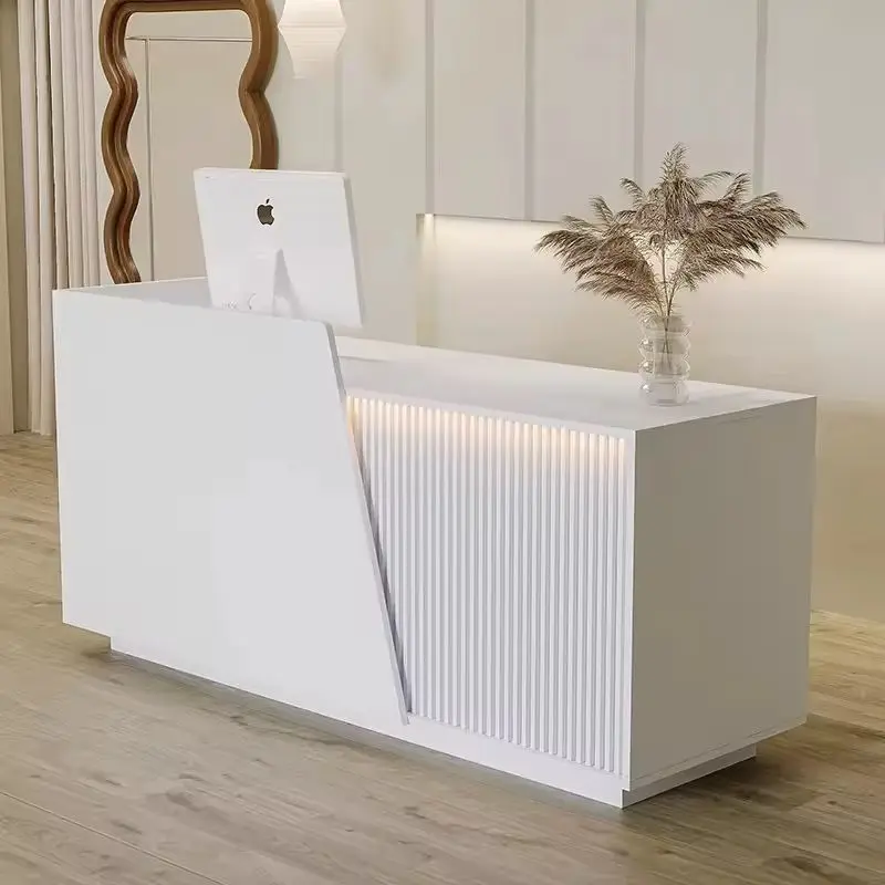 Custom Modern Fluted Wood Reception Desk with LED Light Multi-Color Counter for Office Salon Hotel — image 6