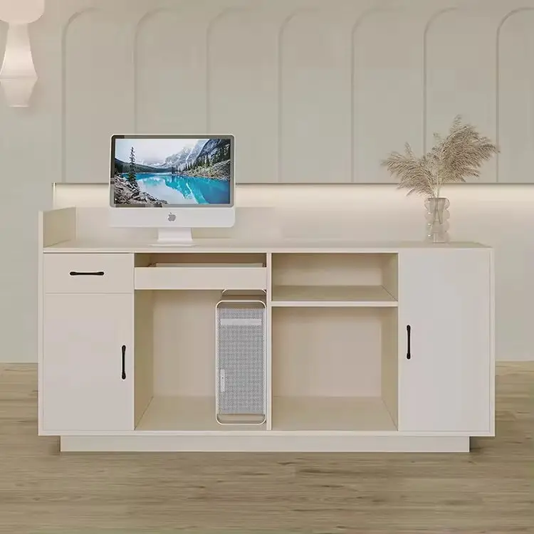 Custom Modern Fluted Wood Reception Desk with LED Light Multi-Color Counter for Office Salon Hotel — image 7