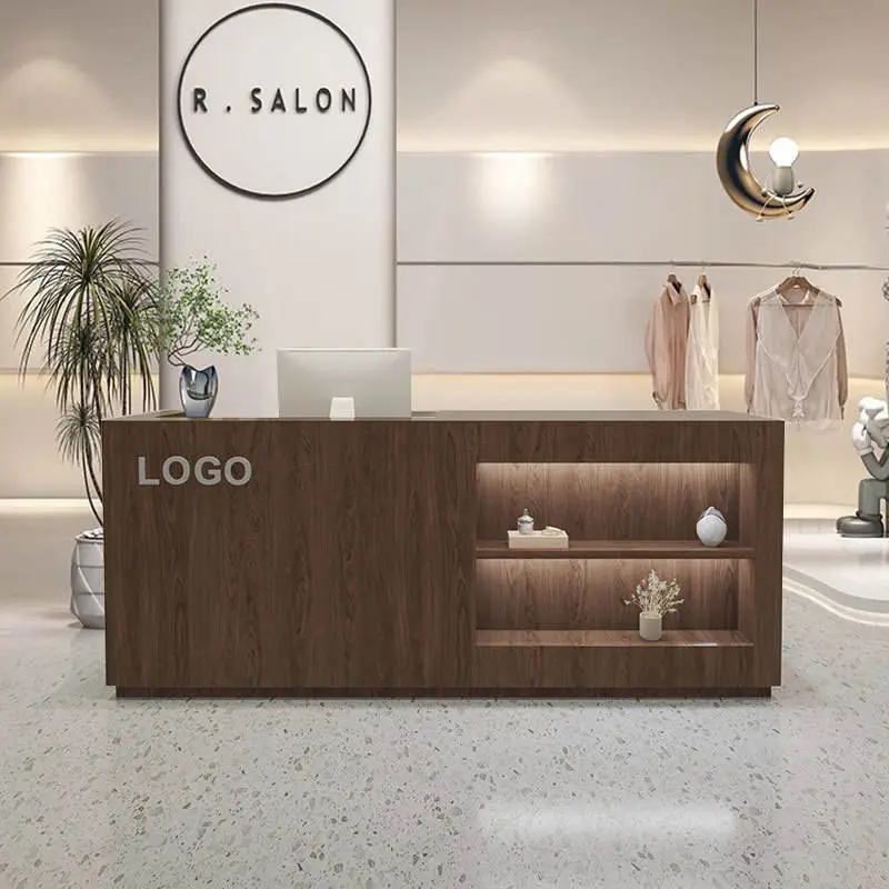 Custom Modern Wood Reception Desk with LED Display Shelves for Clothing Boutique Retail Shop Beauty Salon — view 1