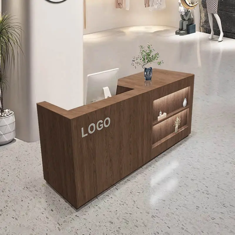 Custom Modern Wood Reception Desk with LED Display Shelves for Clothing Boutique Retail Shop Beauty Salon — image 3