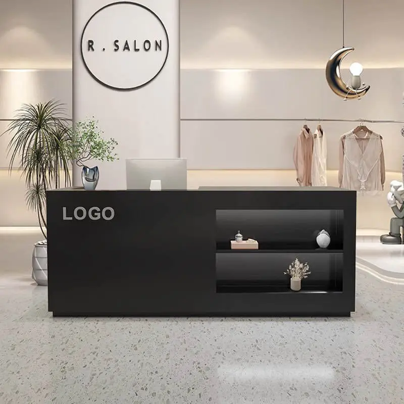 Custom Modern Wood Reception Desk with LED Display Shelves for Clothing Boutique Retail Shop Beauty Salon — image 4