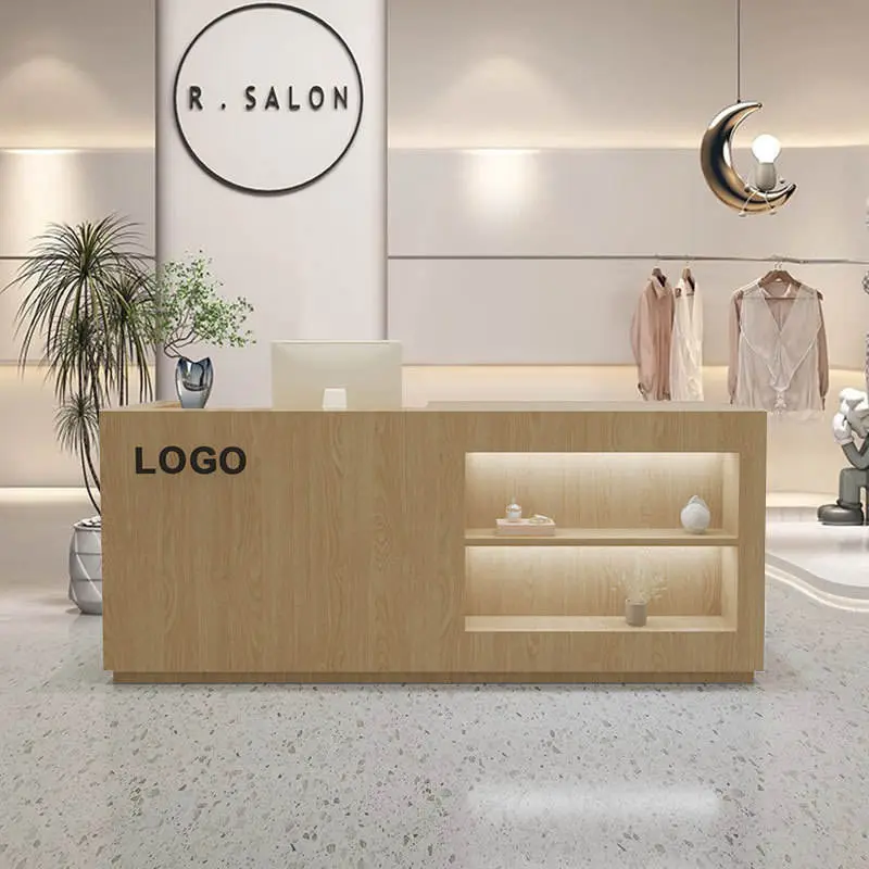 Custom Modern Wood Reception Desk with LED Display Shelves for Clothing Boutique Retail Shop Beauty Salon — image 6