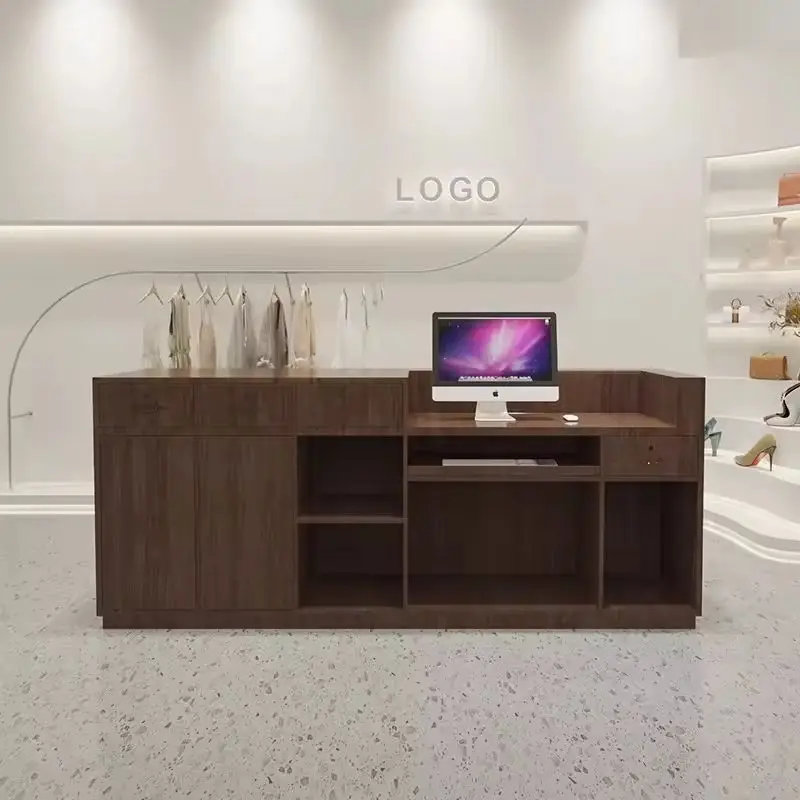 Custom Modern Wood Reception Desk with LED Display Shelves for Clothing Boutique Retail Shop Beauty Salon — image 7