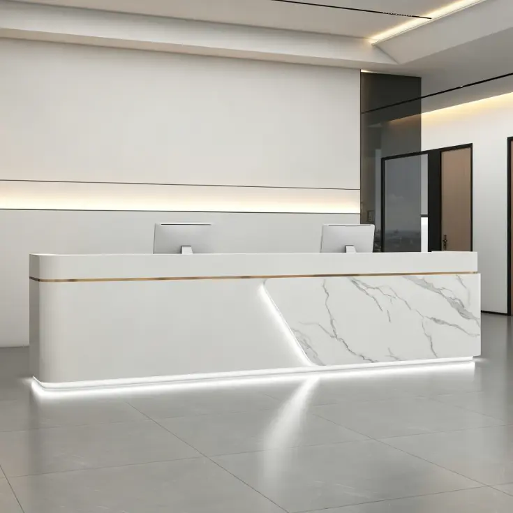 Custom Modern Marble Effect Reception Desk Metal Accent Front Desk with LED Light for Corporate Office Hotel — view 1