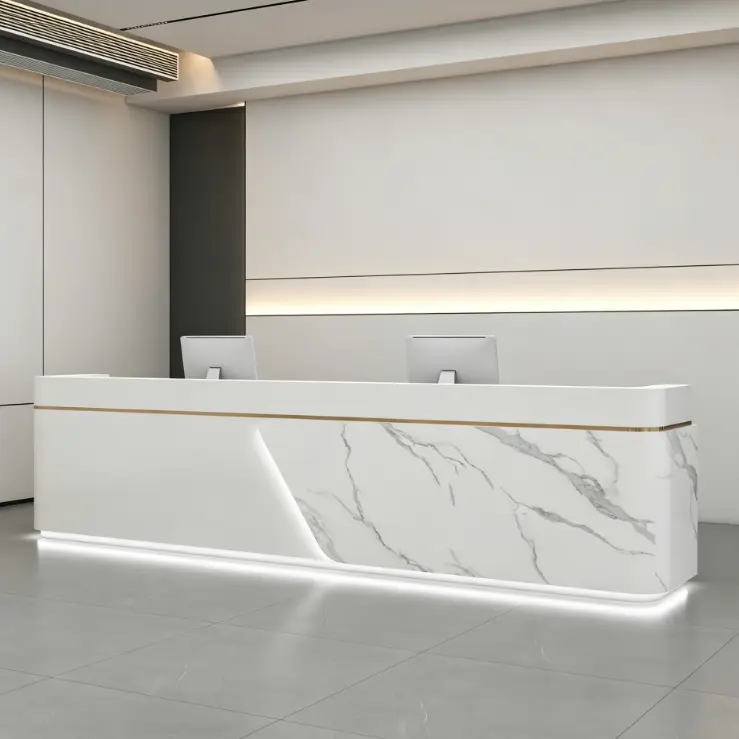 Custom Modern Marble Effect Reception Desk Metal Accent Front Desk with LED Light for Corporate Office Hotel — image 3