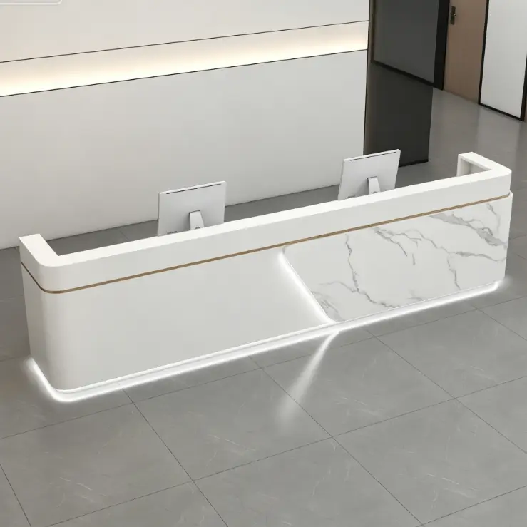 Custom Modern Marble Effect Reception Desk Metal Accent Front Desk with LED Light for Corporate Office Hotel — image 4