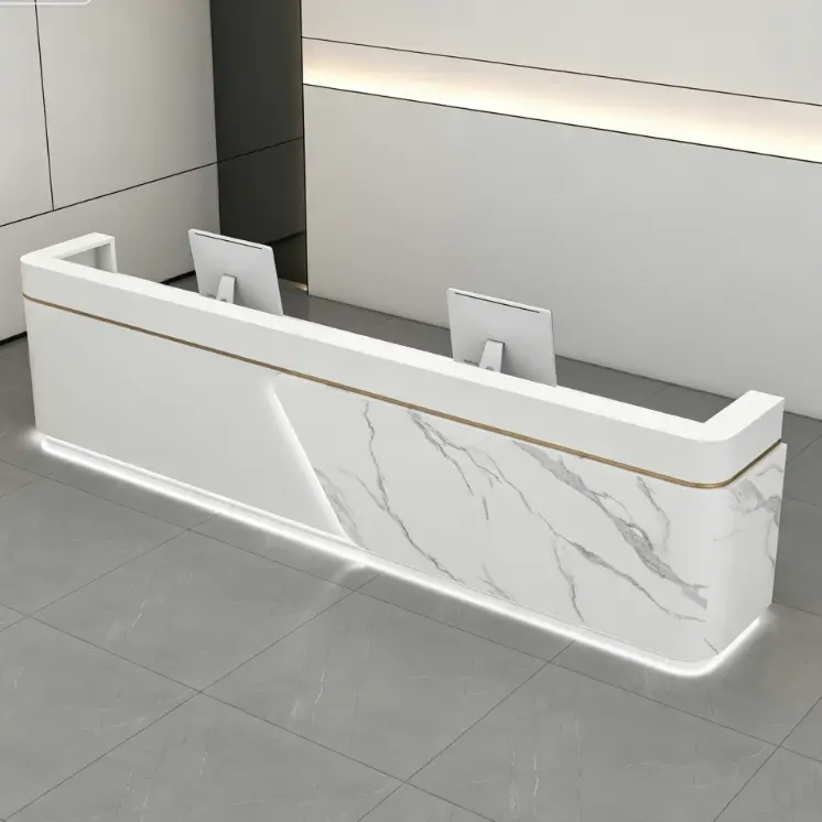 Custom Modern Marble Effect Reception Desk Metal Accent Front Desk with LED Light for Corporate Office Hotel — image 5