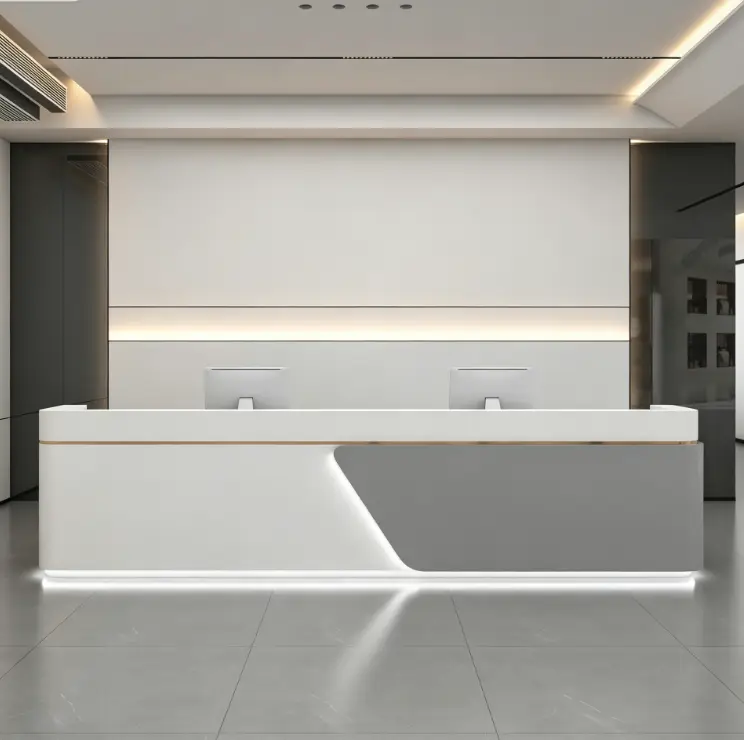Custom Modern Marble Effect Reception Desk Metal Accent Front Desk with LED Light for Corporate Office Hotel — image 6