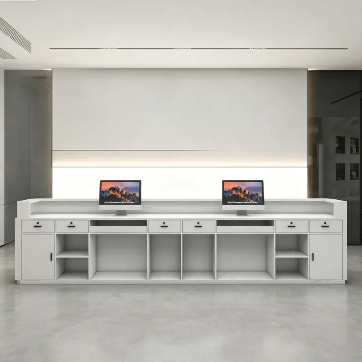 Custom Modern Marble Effect Reception Desk Metal Accent Front Desk with LED Light for Corporate Office Hotel — image 7