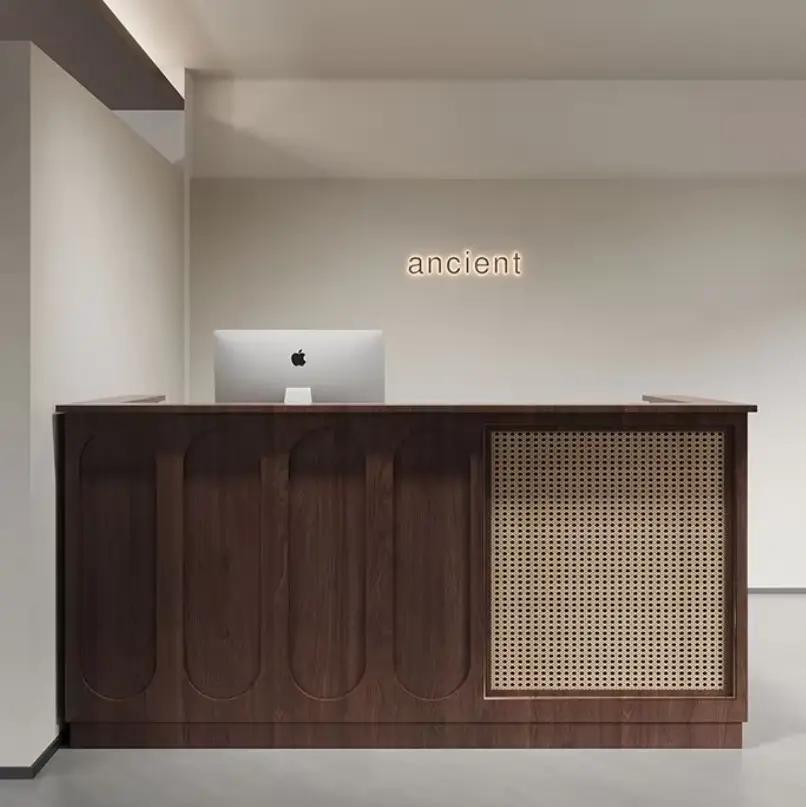 Custom Vintage Style Reception Desk with Rattan Wood Front Desk for Clothing Boutique Beauty Salon — view 1