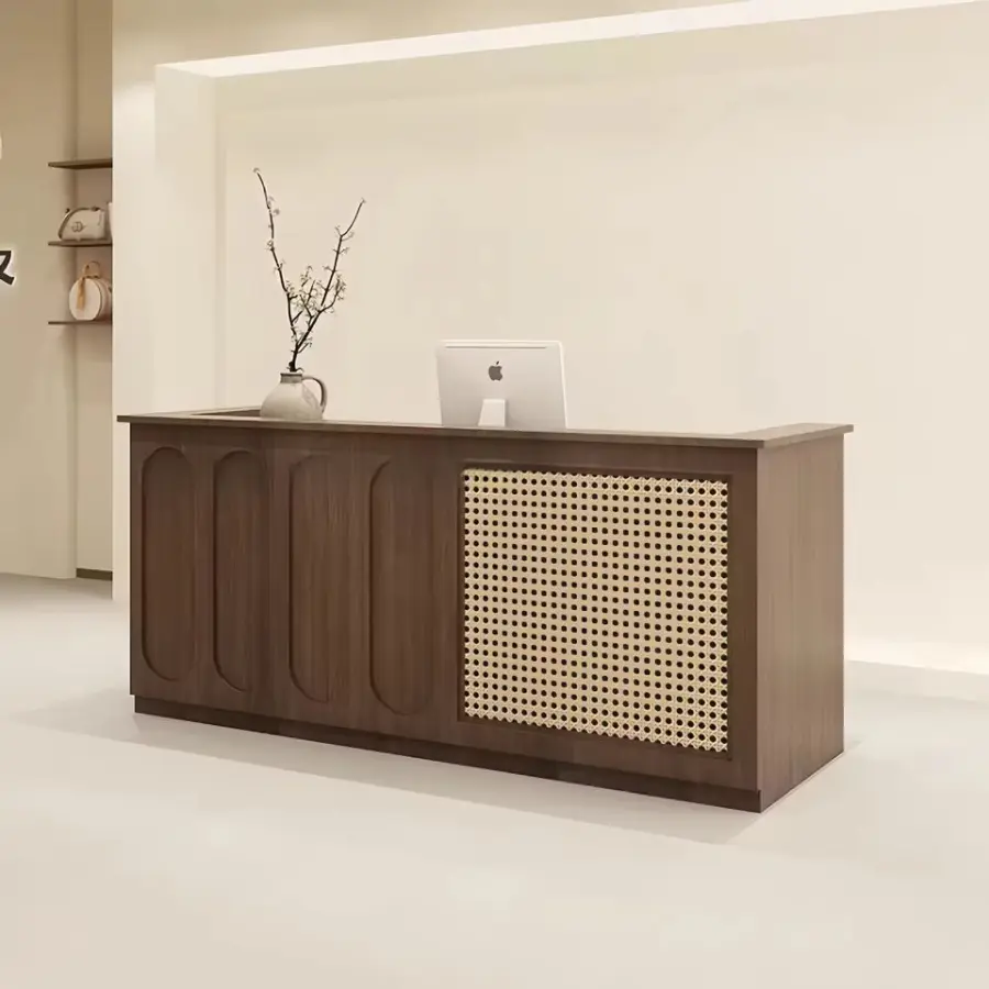 Custom Vintage Style Reception Desk with Rattan Wood Front Desk for Clothing Boutique Beauty Salon — image 4