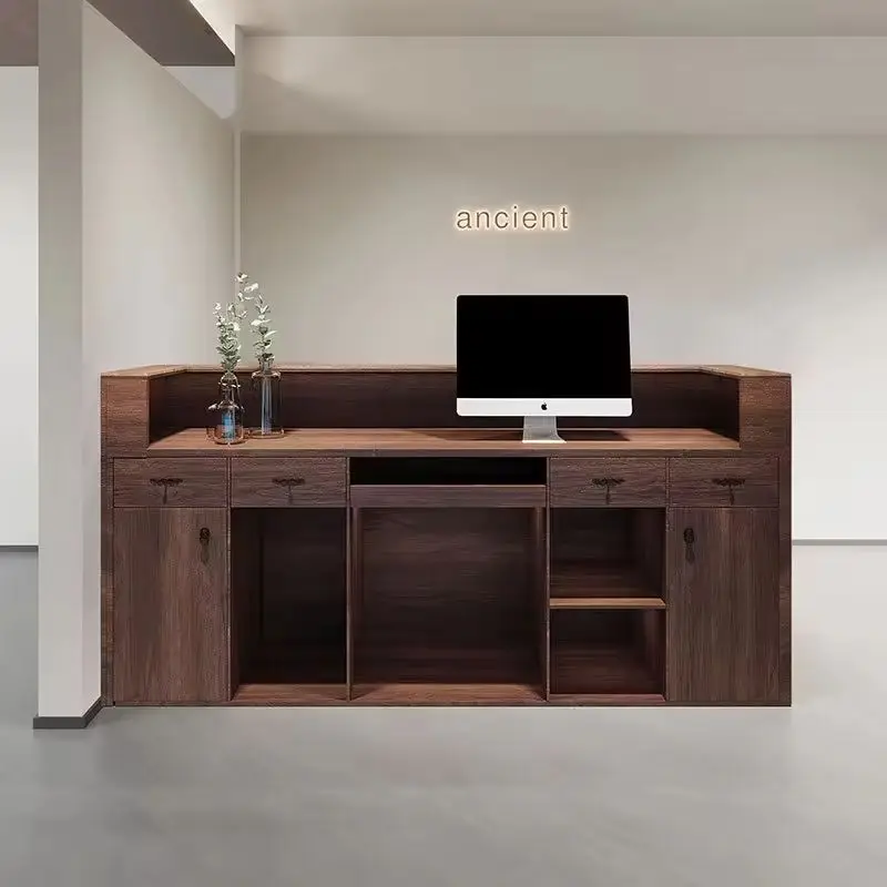 Custom Vintage Style Reception Desk with Rattan Wood Front Desk for Clothing Boutique Beauty Salon — image 7