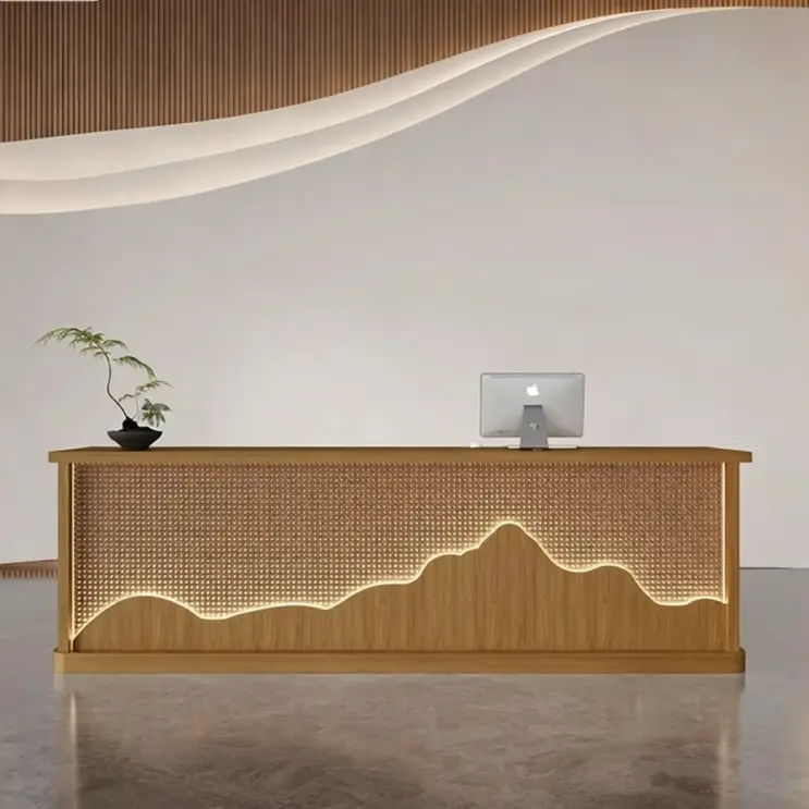 Custom Modern Wood Reception Desk with Mountain LED Light Front Desk for Hotel Lobby Spa Center — view 1