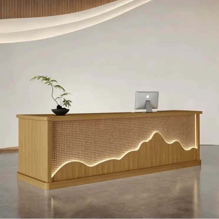 Custom Modern Wood Reception Desk with Mountain LED Light Front Desk for Hotel Lobby Spa Center — view 2