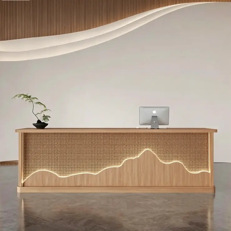 Custom Modern Wood Reception Desk with Mountain LED Light Front Desk for Hotel Lobby Spa Center — view 3