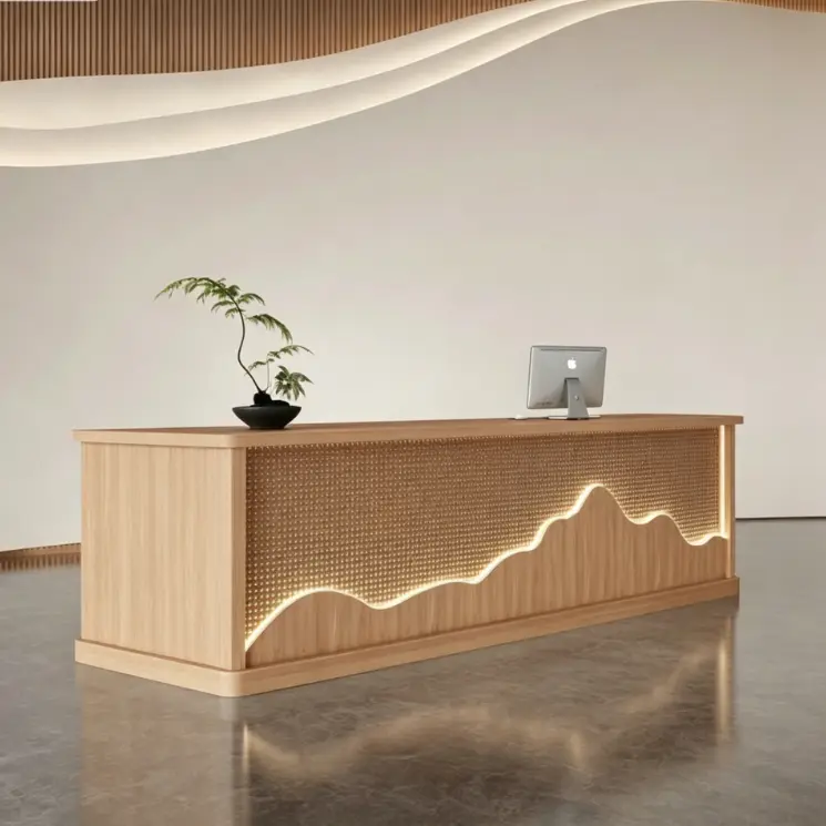 Custom Modern Wood Reception Desk with Mountain LED Light Front Desk for Hotel Lobby Spa Center — view 4
