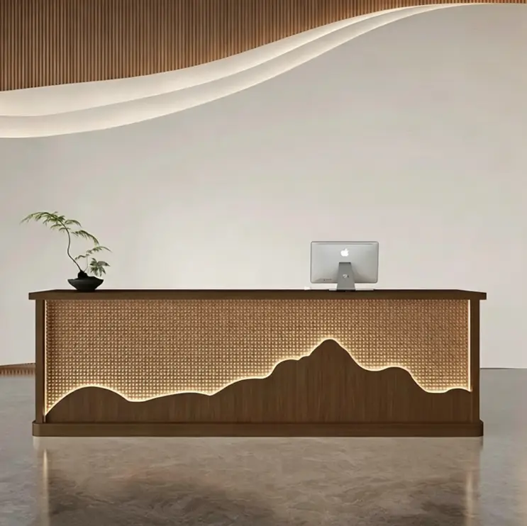 Custom Modern Wood Reception Desk with Mountain LED Light Front Desk for Hotel Lobby Spa Center — view 5