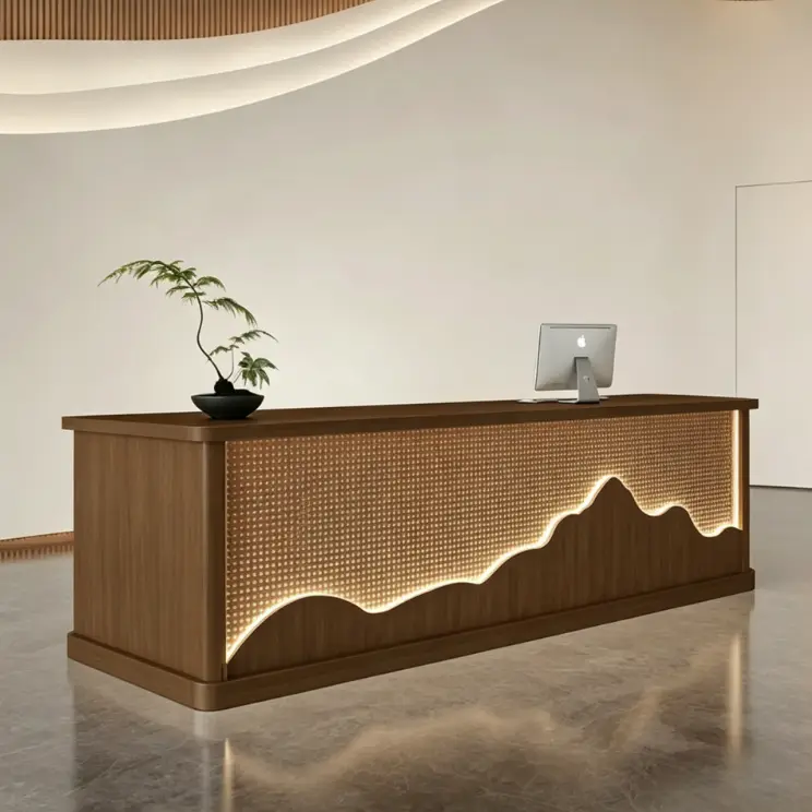 Custom Modern Wood Reception Desk with Mountain LED Light Front Desk for Hotel Lobby Spa Center — view 6