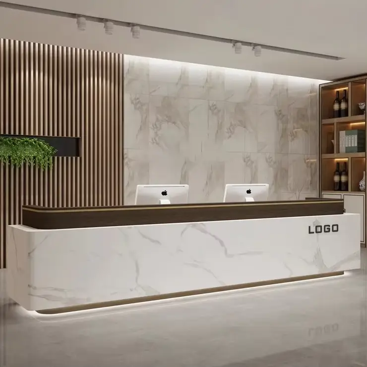Modern Reception Desk with Custom Logo Marble Effect LED Base Light Cashier Counter for Corporate Office Commercial Buil — view 1