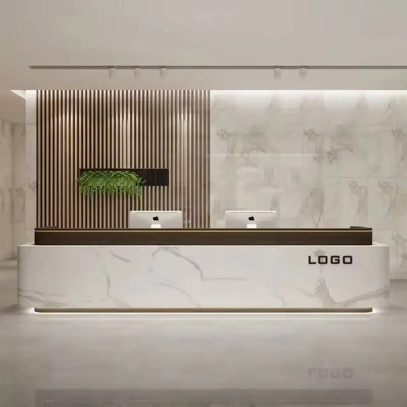 Modern Reception Desk with Custom Logo Marble Effect LED Base Light Cashier Counter for Corporate Office Commercial Buil — view 2