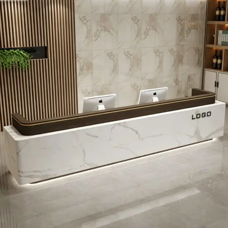 Modern Reception Desk with Custom Logo Marble Effect LED Base Light Cashier Counter for Corporate Office Commercial Buil — view 3