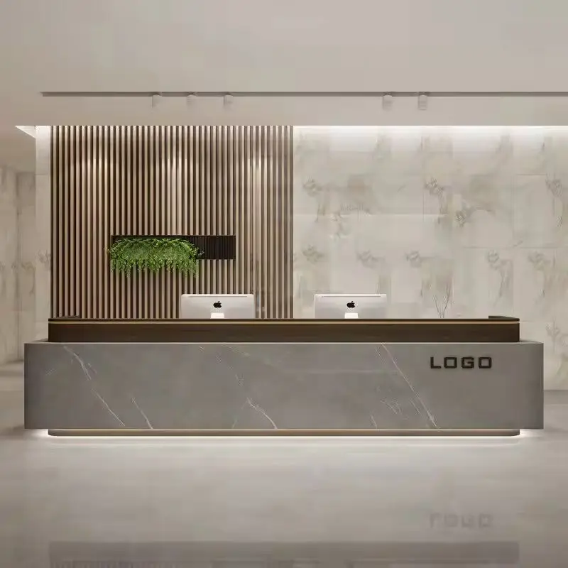 Modern Reception Desk with Custom Logo Marble Effect LED Base Light Cashier Counter for Corporate Office Commercial Buil — view 4