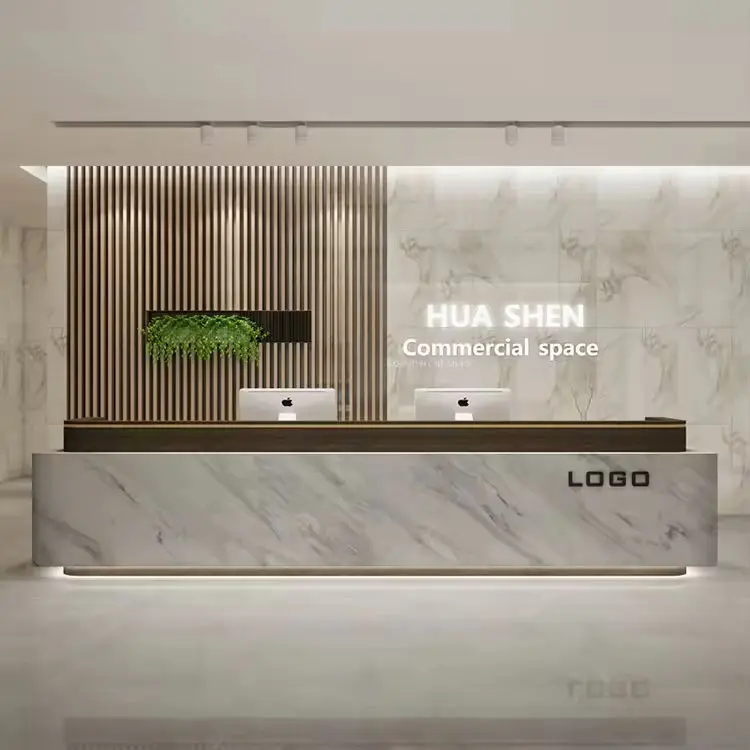 Modern Reception Desk with Custom Logo Marble Effect LED Base Light Cashier Counter for Corporate Office Commercial Buil — view 5
