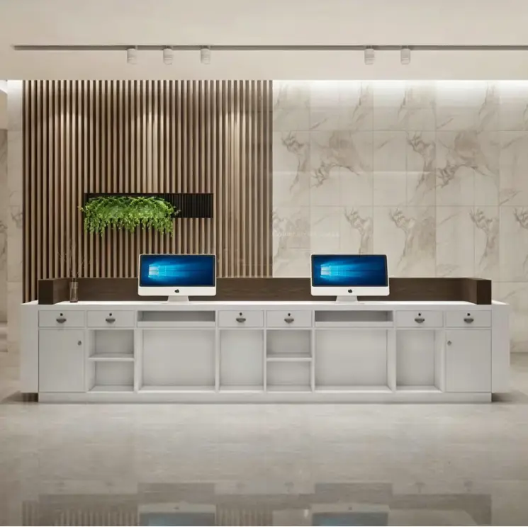 Modern Reception Desk with Custom Logo Marble Effect LED Base Light Cashier Counter for Corporate Office Commercial Buil — view 6