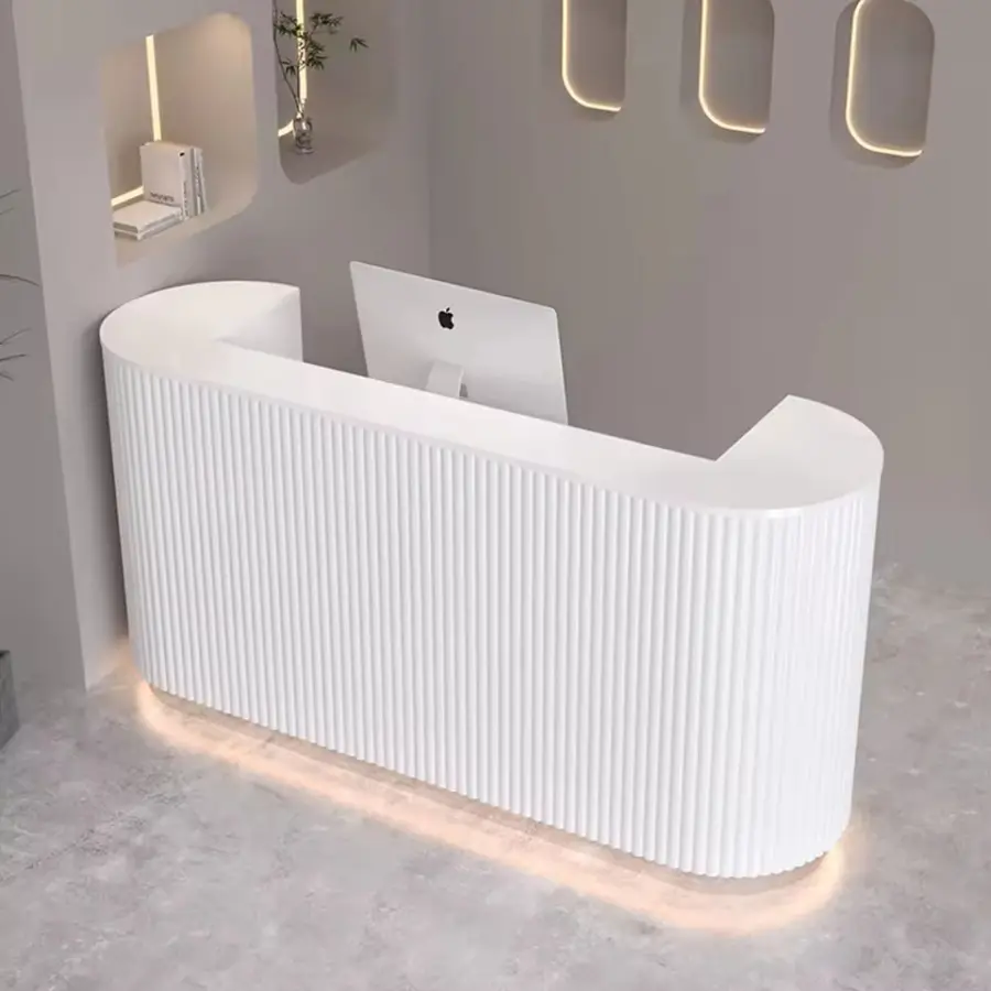 Custom Contemporary Curved Reception Desk Fluted Panel LED Base Light Front Desk Cashier Counter for Beauty Salon Retail — view 1