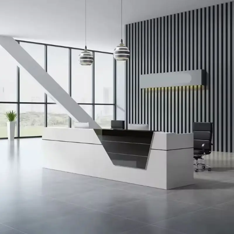 Custom Modern Reception Desk Two-Tone Panel Front Desk Durable Counter for Company Lobby Commercial Building — image 3