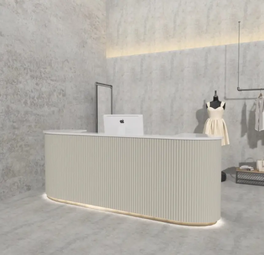 Custom Contemporary Curved Reception Desk Fluted Panel LED Base Light Front Desk Cashier Counter for Beauty Salon Retail Clinic — image 3