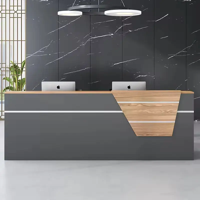 Custom Modern Reception Desk Two-Tone Panel Front Desk Durable Counter for Company Lobby Commercial Building — image 5