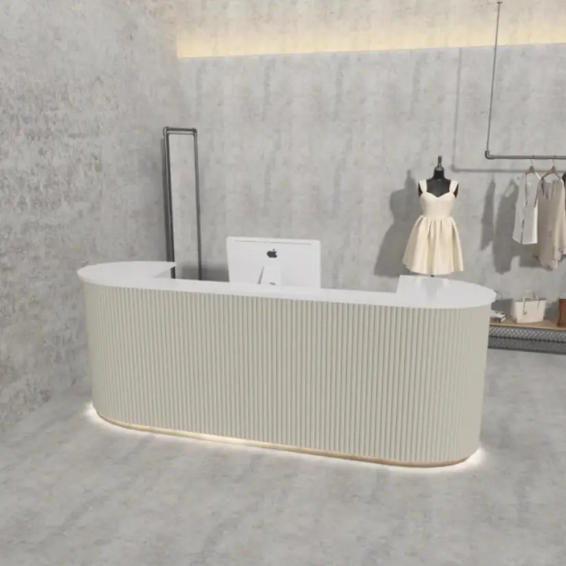 Custom Contemporary Curved Reception Desk Fluted Panel LED Base Light Front Desk Cashier Counter for Beauty Salon Retail Clinic — image 4