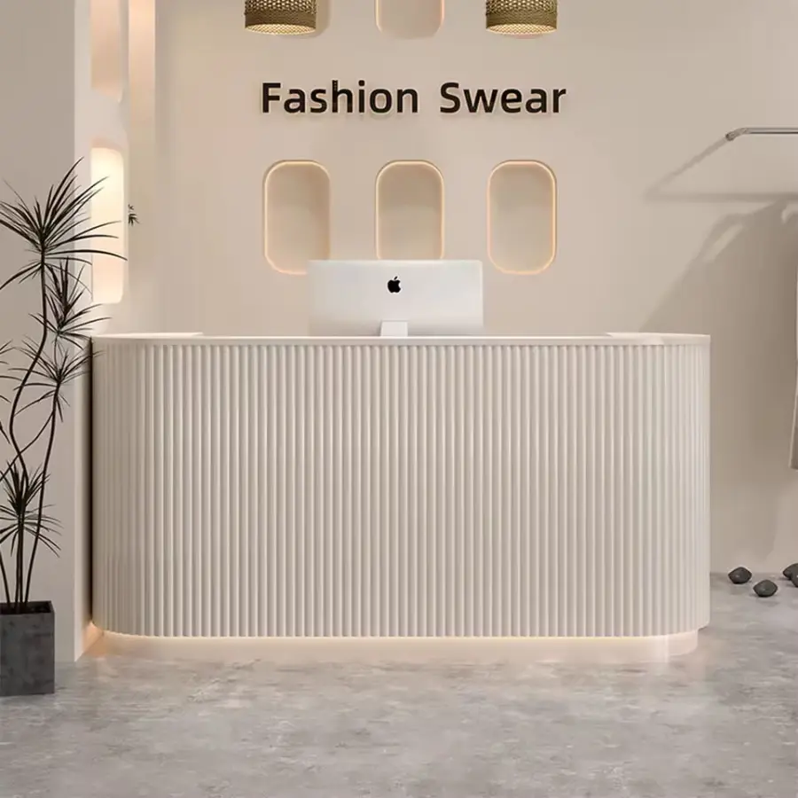 Custom Contemporary Curved Reception Desk Fluted Panel LED Base Light Front Desk Cashier Counter for Beauty Salon Retail Clinic — image 5