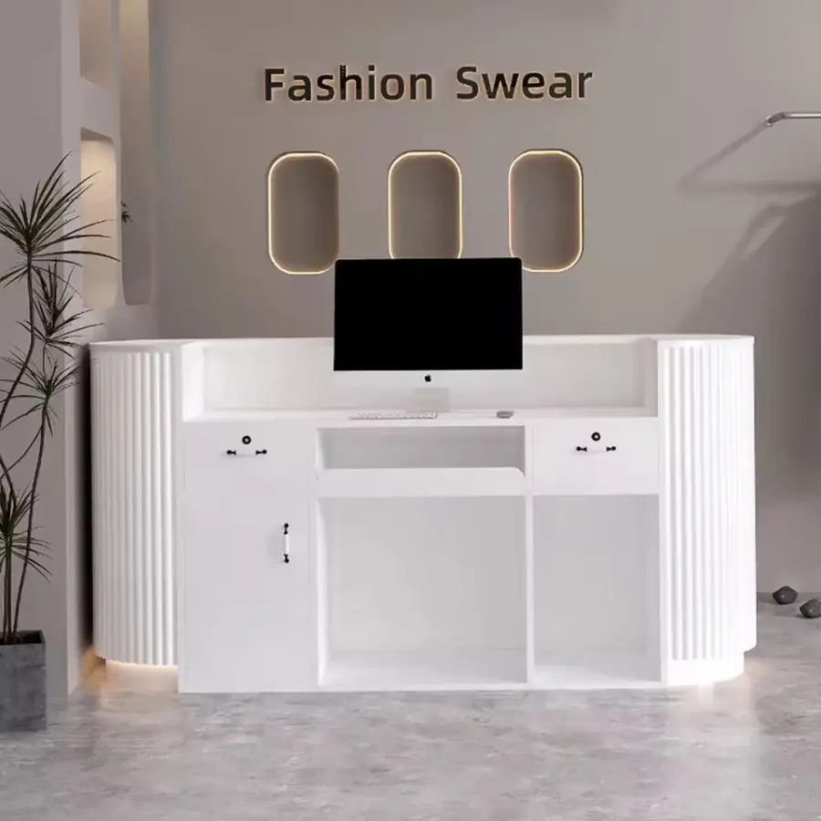 Custom Contemporary Curved Reception Desk Fluted Panel LED Base Light Front Desk Cashier Counter for Beauty Salon Retail Clinic — image 7