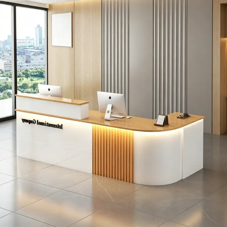 Custom L Shape Reception Desk Minimalist Fluted Panel Front Counter With LED Light for Office Hotel Spa Clinic — view 2