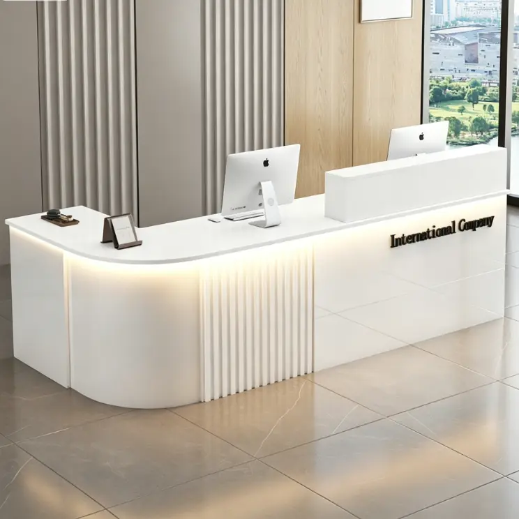 Custom L Shape Reception Desk Minimalist Fluted Panel Front Counter With LED Light for Office Hotel Spa Clinic — view 3