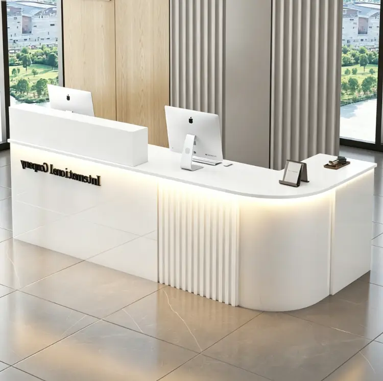 Custom L Shape Reception Desk Minimalist Fluted Panel Front Counter With LED Light for Office Hotel Spa Clinic — view 4