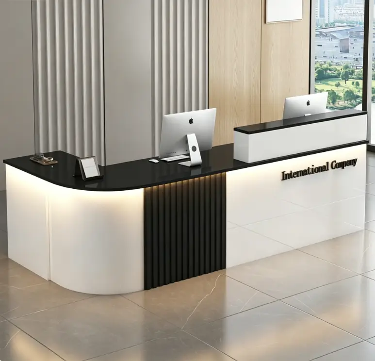 Custom L Shape Reception Desk Minimalist Fluted Panel Front Counter With LED Light for Office Hotel Spa Clinic — view 5