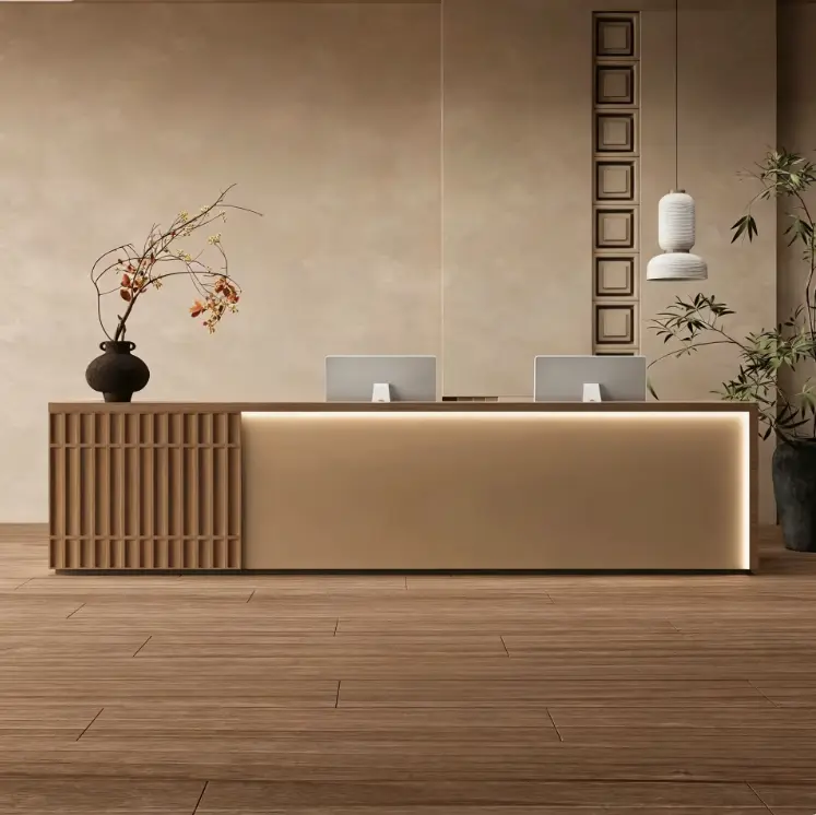 Custom Modern Minimalist Fluted Wood Reception Desk with LED Light Front Counter for Office Hotel Spa Salon — view 1