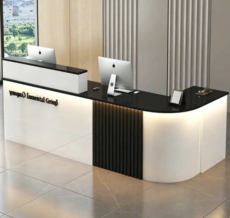 Custom L Shape Reception Desk Minimalist Fluted Panel Front Counter With LED Light for Office Hotel Spa Clinic — view 6