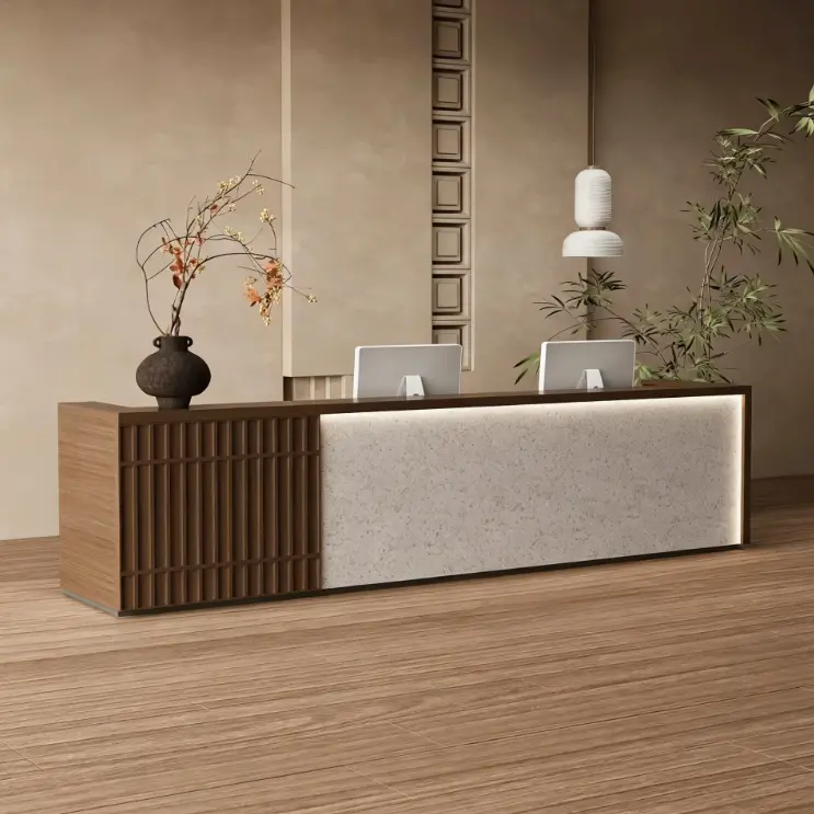 Custom Modern Minimalist Fluted Wood Reception Desk with LED Light Front Counter for Office Hotel Spa Salon — view 2