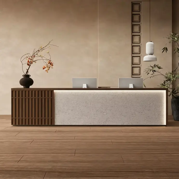 Custom Modern Minimalist Fluted Wood Reception Desk with LED Light Front Counter for Office Hotel Spa Salon — view 3