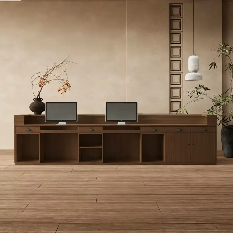 Custom Modern Minimalist Fluted Wood Reception Desk with LED Light Front Counter for Office Hotel Spa Salon — view 4