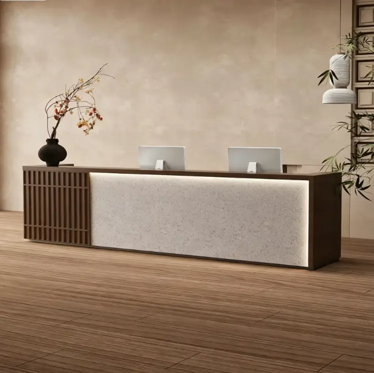 Custom Modern Minimalist Fluted Wood Reception Desk with LED Light Front Counter for Office Hotel Spa Salon — view 5