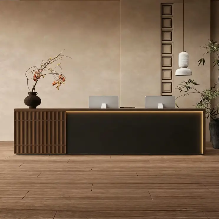 Custom Modern Minimalist Fluted Wood Reception Desk with LED Light Front Counter for Office Hotel Spa Salon — view 6